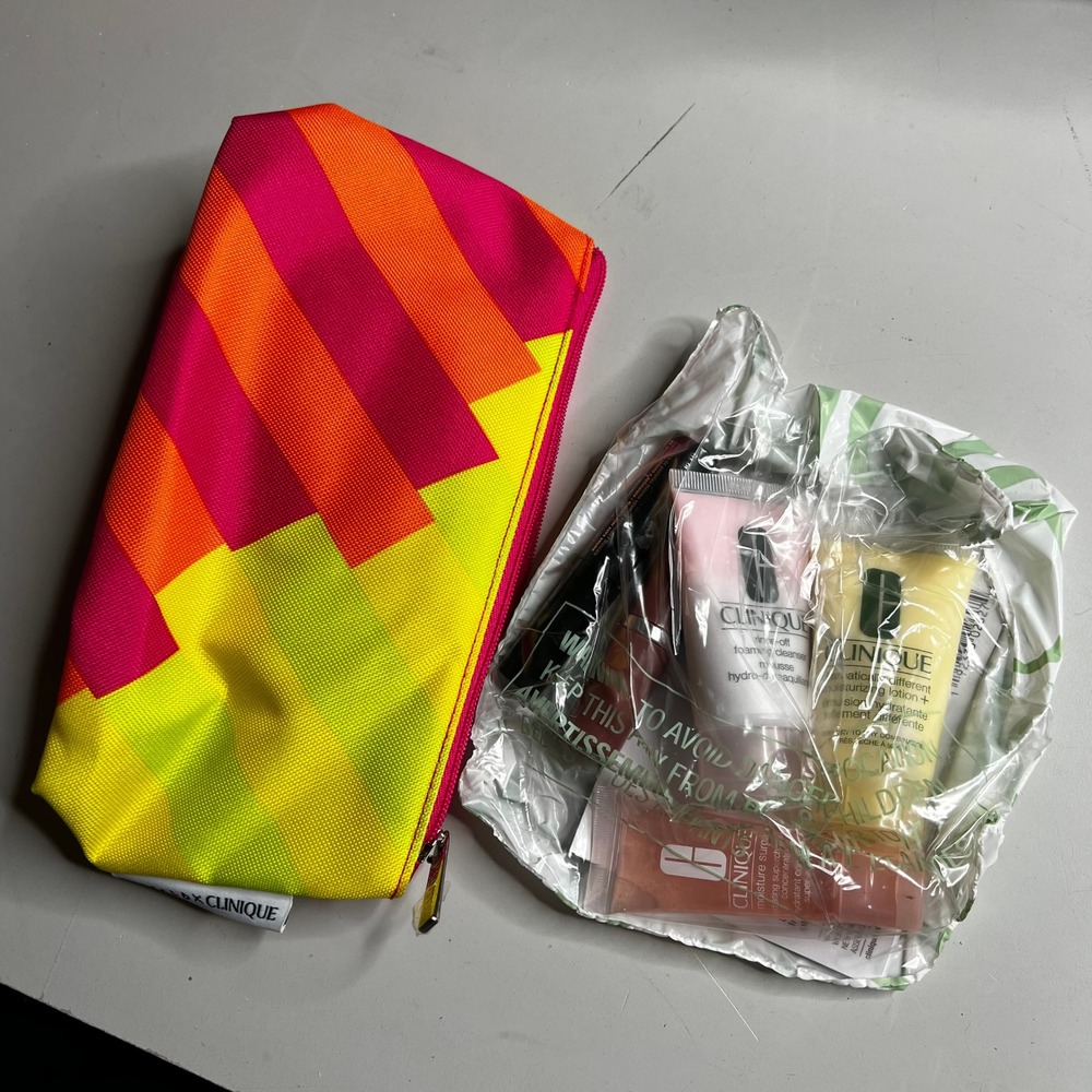 Clinique x Donald Robertson Makeup Bag Set Skincare Cleanser Moisturizer Mascara